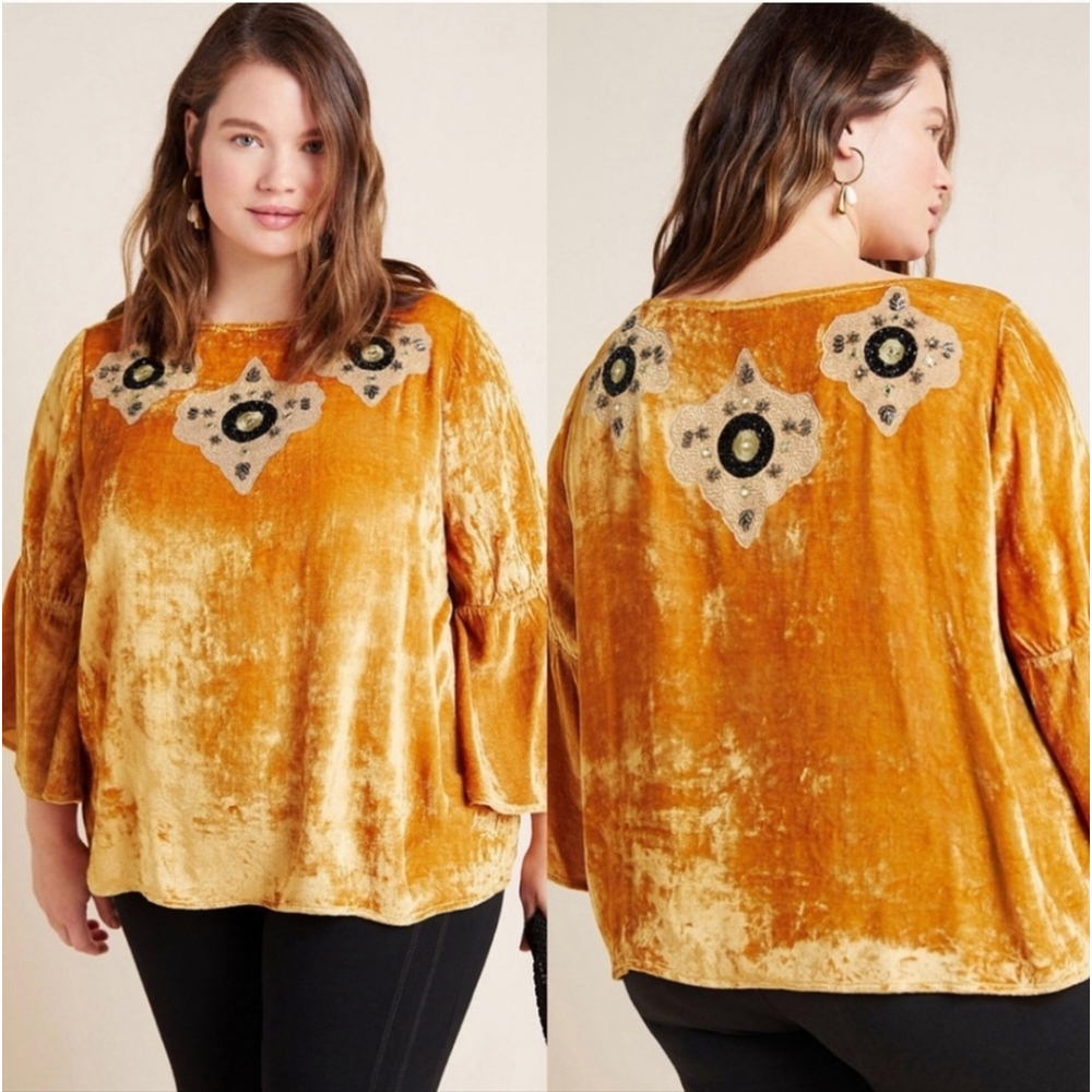 Anthropologie Seen Worn Kept Carina Beaded Velvet Blouse Women's Size 2XL - Picture 3 of 12